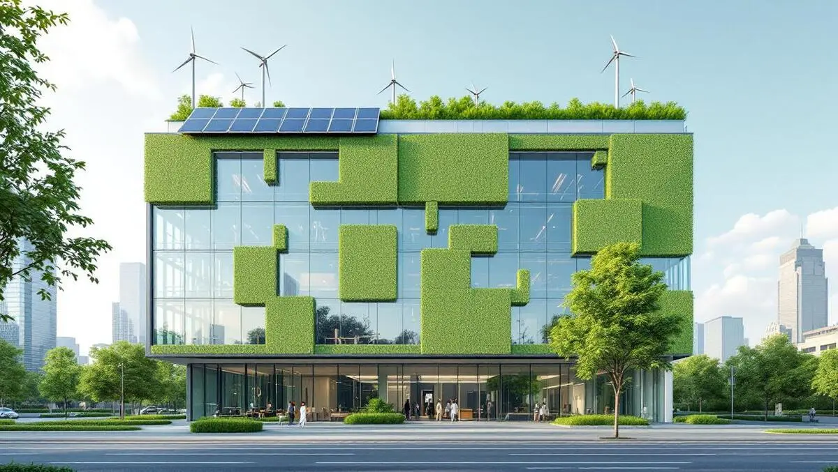 Modern glass office with green facade solar rooftop wind turbines