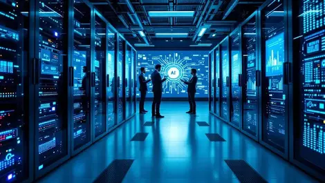 Sleek server room engineers inspecting hardware ai visuals blue tone