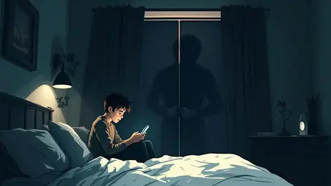 Worried teen in london bedroom shadowy phone doorway closing