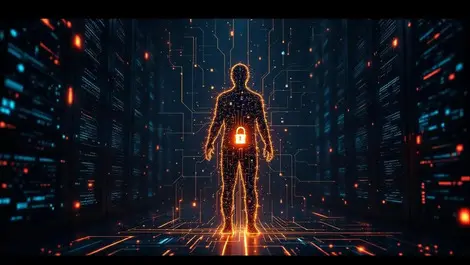 Digital identity lock key silhouette ai cybersecurity shield