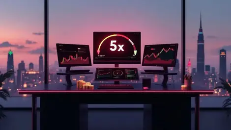 Crypto trading desk 5x leverage gauge apac city skyline dusk
