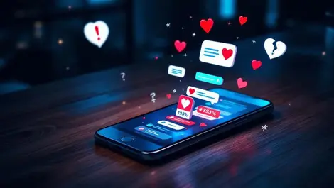 Valentines romance scam smartphone chat warnings dark moody scene