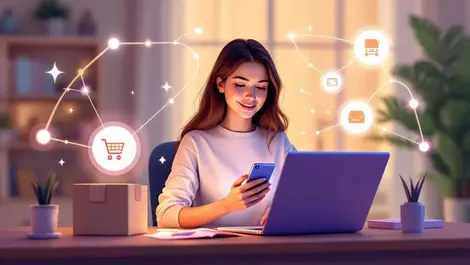 Young woman online shopping ai connections cozy home office