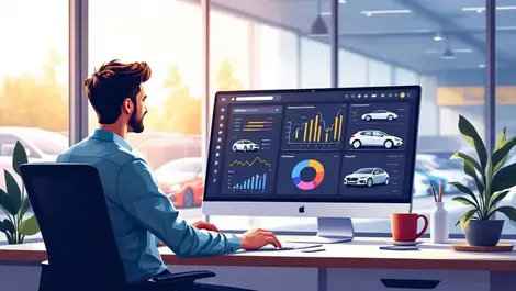 Modern car dealership office salesperson at computer vector scene