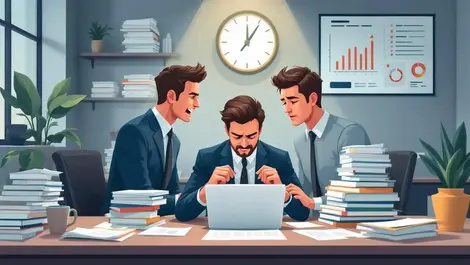Stressed small business team deadline overload financial risk scene