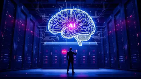 Cinematic data center ai brain security exec hitting stop btn