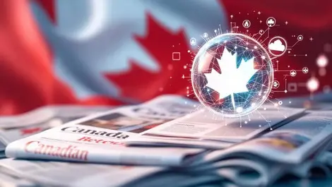 Sleek ai chatbot glowing sphere over blurred canadian newspapers